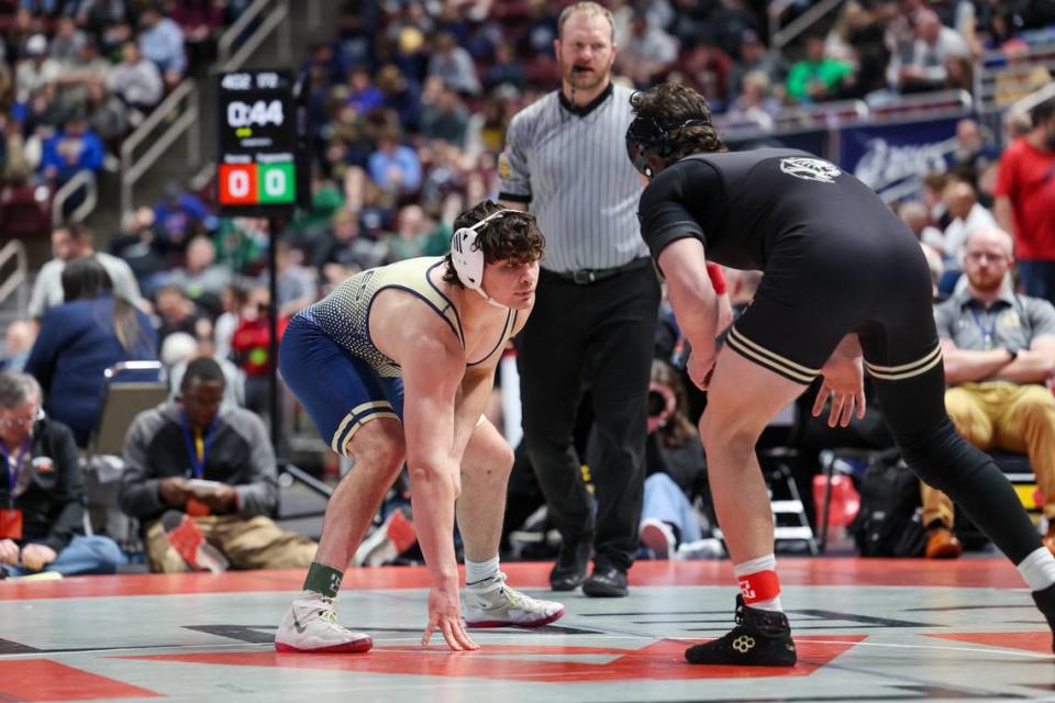Bald Eagle Area’s Caleb Close faces Southern Columbia’s Garrett Garcia in the 189-pound PIAA Class 2A semifinal match on Friday, March 8, 2024 at the Giant Center in Hershey.