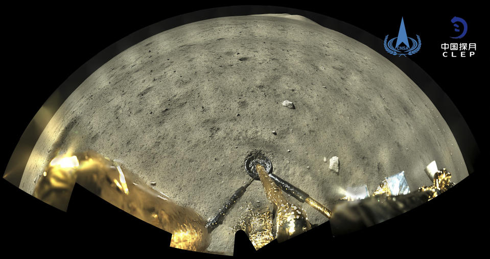 This image taken by panoramic camera aboard the lander-ascender combination of Chang'e-5 spacecraft provided by China National Space Administration shows a moon surface after it landed on the moon on Wednesday, Dec. 2, 2020. Chinese government say the spacecraft landed on the moon on Tuesday to bring back lunar rocks to Earth for the first time since the 1970s. (China National Space Administration/Xinhua via AP)