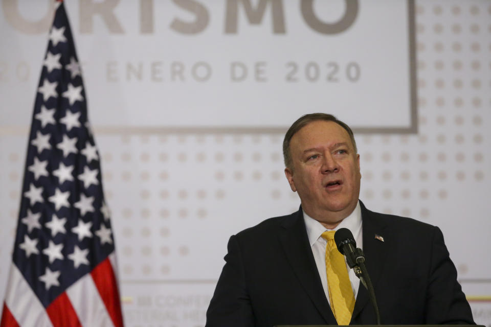 U.S. Secretary of State Mike Pompeo addresses the opening of a regional counter-terrorism meeting at the police academy in Bogota, Colombia, Monday, Jan. 20, 2020. (AP Photo/Ivan Valencia)