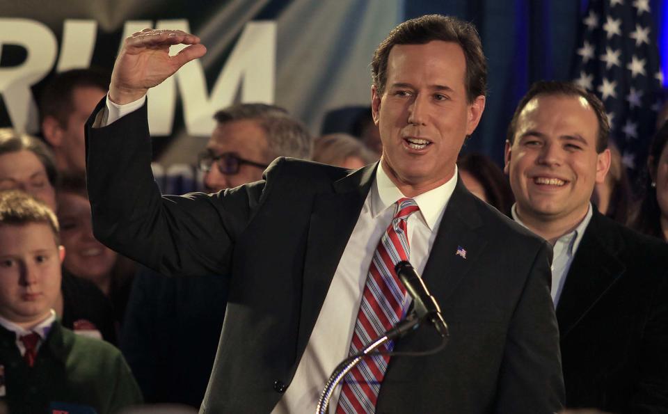 Rick Santorum, a former U.S. senator from Pennsylvania, speaks to supporters at his caucus night party in Johnston on Jan. 3, 2012. The count that night gave the win to rival Mitt Romney. After a review, Santorum was declared the winner over two weeks later.