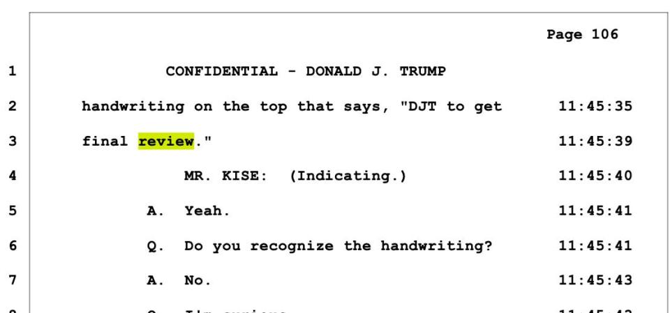 A transcript shows a lawyer asking Donald Trump whether he recognized the handwriting of the note and Trump responding with "No."