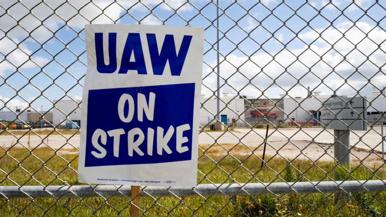 A UAW strike sign outside a Stellantis factory. 