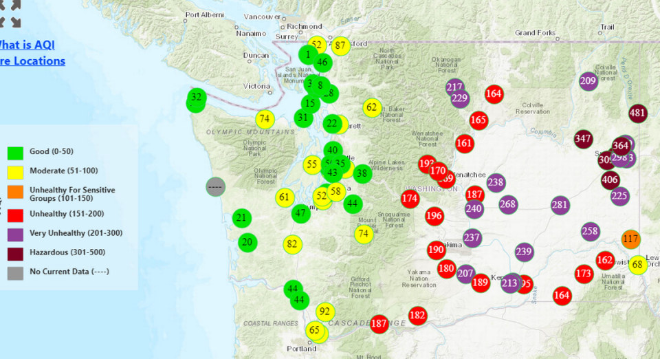 A screenshot from Washington’s Air Monitoring Network shows air quality across Washington state as of 7 p.m. Aug. 19, 2023.