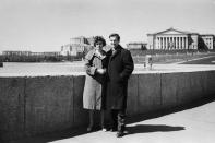 <p>Marina Nikolayevna Prusakova and Lee Harvey Oswald stand in a park in Russia. The couple would wed and move to the United States. (Photo: Corbis via Getty Images) </p>