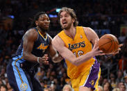 LOS ANGELES, CA - MAY 12: Pau Gasol #16 of the Los Angeles Lakers drives on Kenneth Faried #35 of the Denver Nuggets in the first quarter in Game Seven of the Western Conference Quarterfinals in the 2012 NBA Playoffs on May 12, 2012 at Staples Center in Los Angeles, California. NOTE TO USER: User expressly acknowledges and agrees that, by downloading and or using this photograph, User is consenting to the terms and conditions of the Getty Images License Agreement. (Photo by Harry How/Getty Images)