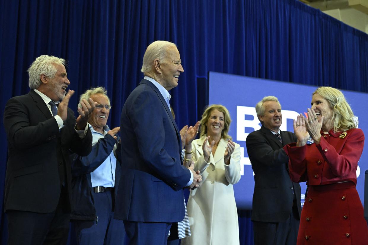 Kerry Kennedy, right, a daughter of the late Sen. Robert F. Kennedy, introduces President Joe Biden during a campaign event at which the Kennedy family endorsed Biden in Philadelphia on April 18.