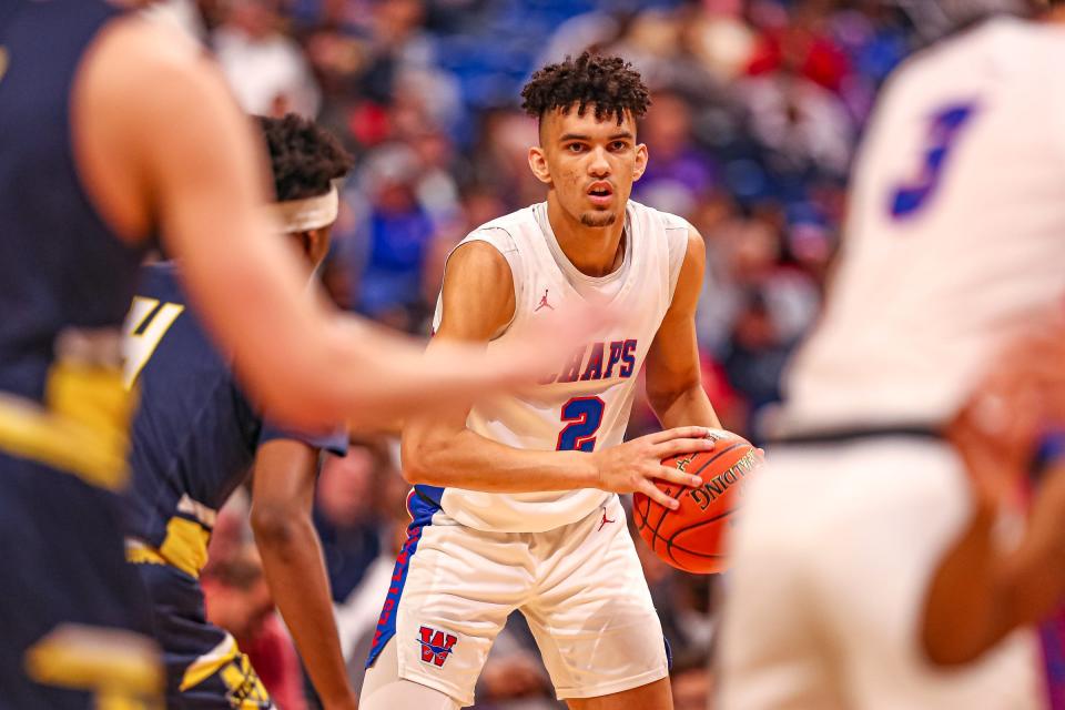 Westlake High School forward Donovan Santoro looks for an open teammate during the Class 6A semifinal at the Alamodome in San Antonio, Texas, on March 11. Santoro, who is playing for the Southern California Academy this season, committed on Friday to play at Providence College next year.