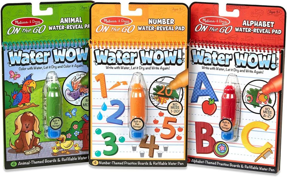They cover all the major topic areas (animals, alphabet, numbers) which uses a refillable water pen to create "magically" appearing and disappearing colors (with no mess!).<br /><br /><strong>Promising Review:</strong> "My family and I went on a 27-hour road trip for the Christmas holiday. Needless to say, I was a bit anxious over the idea of traveling with a 4-, 2-, and 1-year-old. These things were a lifesaver! I had bought quite a few other activities for them to do but they kept returning to these. I love that there is no cleanup and they are reusable. I also thought the pen storage was a really nifty idea. The pages are a thick chipboard-like material so that there is no water leakage between pages. We still use these- Sometimes I pull them out while I'm getting dinner ready and it keeps them occupied." &mdash; <a href="https://www.amazon.com/gp/customer-reviews/R22WSBB30NQ93J?&amp;linkCode=ll2&amp;tag=huffpost-bfsyndication-20&amp;linkId=80189453466d01137a38c76a8ba283bb&amp;language=en_US&amp;ref_=as_li_ss_tl" target="_blank" rel="noopener noreferrer">Dina</a><br /><br /><i>For ages 3+ years<br /><br /></i><strong><a href="https://www.amazon.com/Melissa-Doug-Reusable-Water-Reveal-Activity/dp/B00CPHX9JK?&amp;linkCode=ll1&amp;tag=huffpost-bfsyndication-20&amp;linkId=2244cab8c5ad71ec87ded611acfe60f6&amp;language=en_US&amp;ref_=as_li_ss_tl" target="_blank" rel="noopener noreferrer">Get them from Amazon for $16.76.</a></strong>