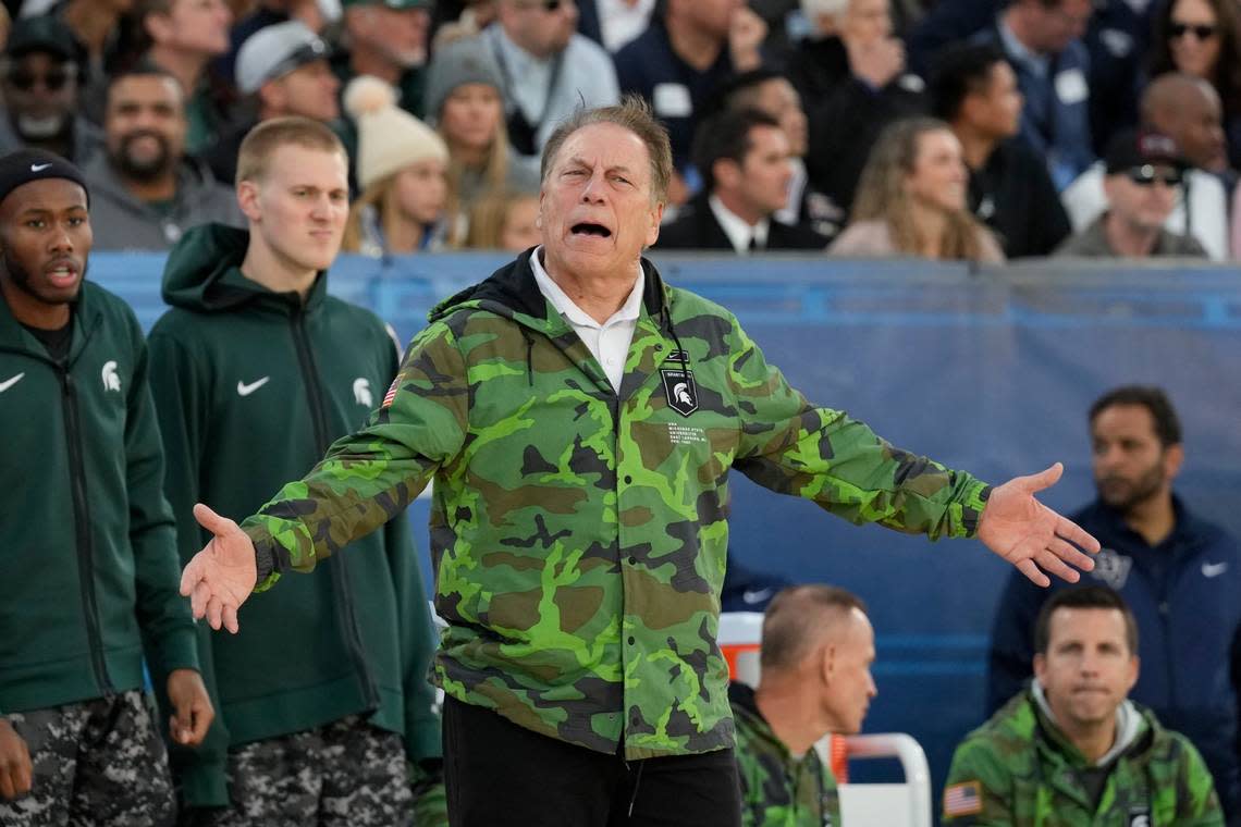 Michigan State head coach Tom Izzo reacts during the first half of the Carrier Classic NCAA college basketball game against Gonzaga aboard the USS Abraham Lincoln, Friday, Nov. 11, 2022, in Coronado, Calif. (AP Photo/Gregory Bull)