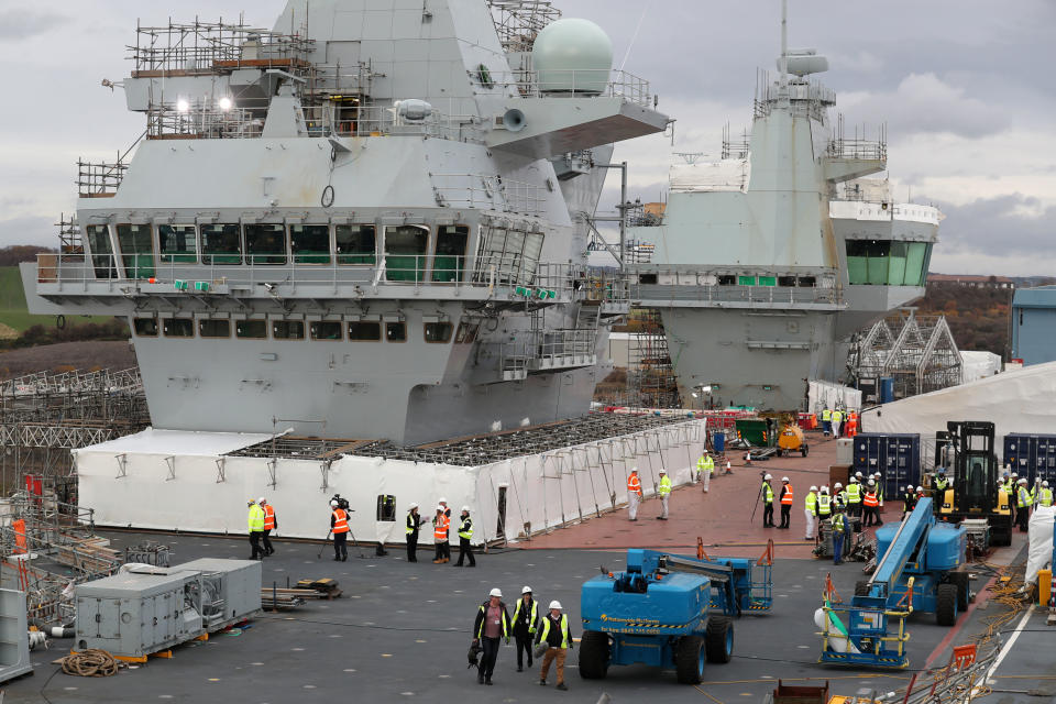 Work continues on the flight deck during a tour of the under-construction aircraft carrier, HMS Prince of Wales, at BAE Systems in Rosyth, Fife. (Photo by Andrew Milligan/PA Images via Getty Images)