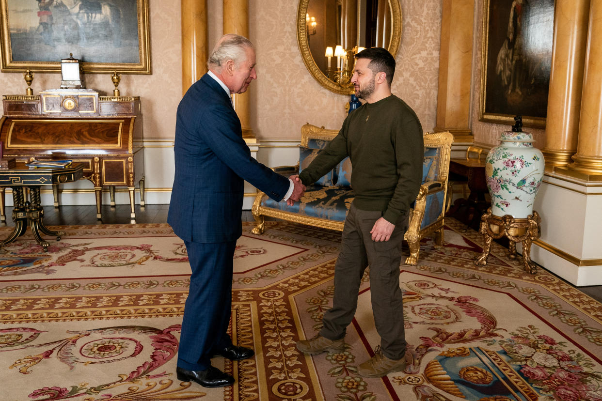 Britain's King Charles III meets Ukrainian President Volodymyr Zelenskiy during his first visit to the U.K since the Russian invasion of Ukraine at Buckingham Palace, London, Wednesday February 8, 2023. ( Aaron Chown/Pool via Reuters)