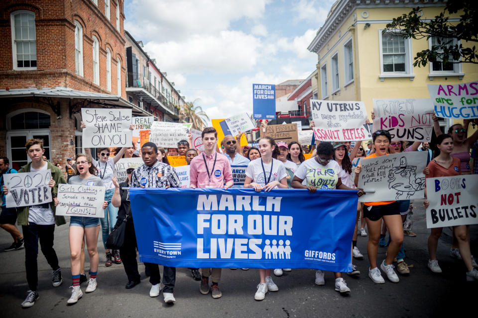 <p>People take part in the March For Our Lives rally against gun violence in New Orleans, Louisiana on March 24, 2018. (Emily Kask/AFP/Getty Images) </p>