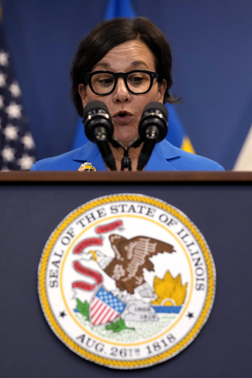 U.S. Special Representative for Ukraine's Economic Recovery Penny Pritzker speaks at a news conference in Chicago, Tuesday, April 16, 2024. Ukrainian Prime Minister Denys Shmyhal, Illinois Governor J.B. Pritzker, and U.S. Special Representative for Ukraine's Economic Recovery Pritzker delivered joint remarks recognizing the Illinois-Ukraine partnership. (AP Photo/Nam Y. Huh)