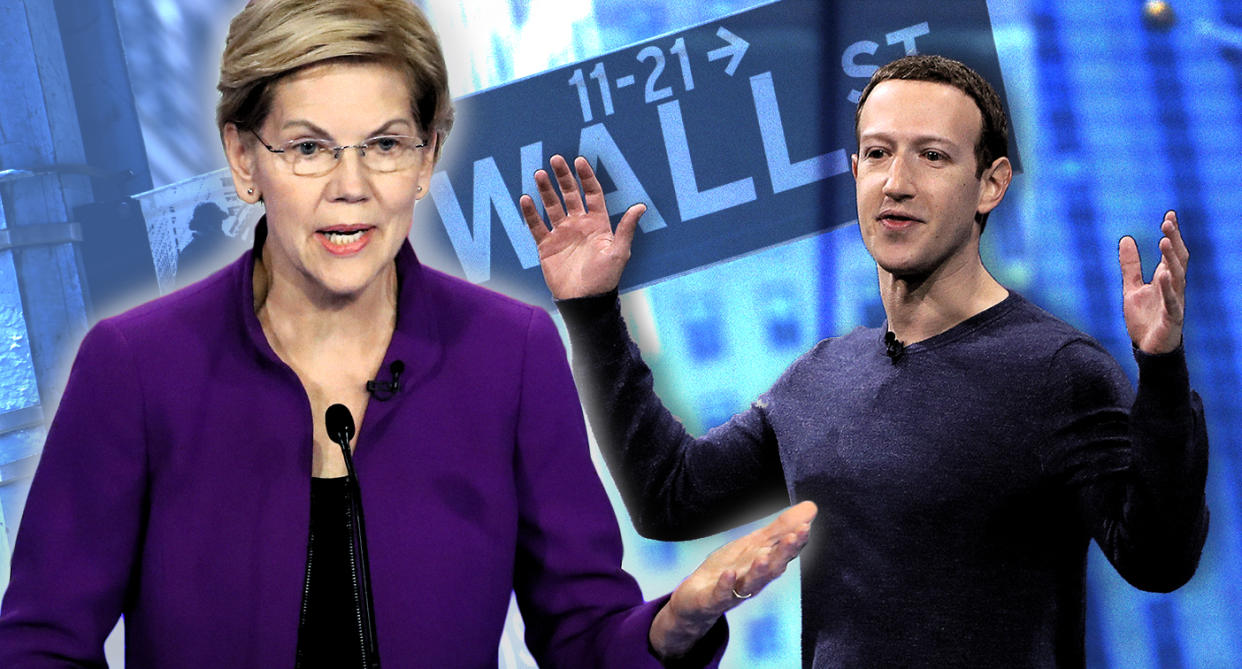 Sen. Elizabeth Warren, Facebook CEO Mark Zuckerberg and Wall Street. (Photo illustration: Yahoo News; photos: AP, Marcio Jose Sanchez/AP, Getty Images)