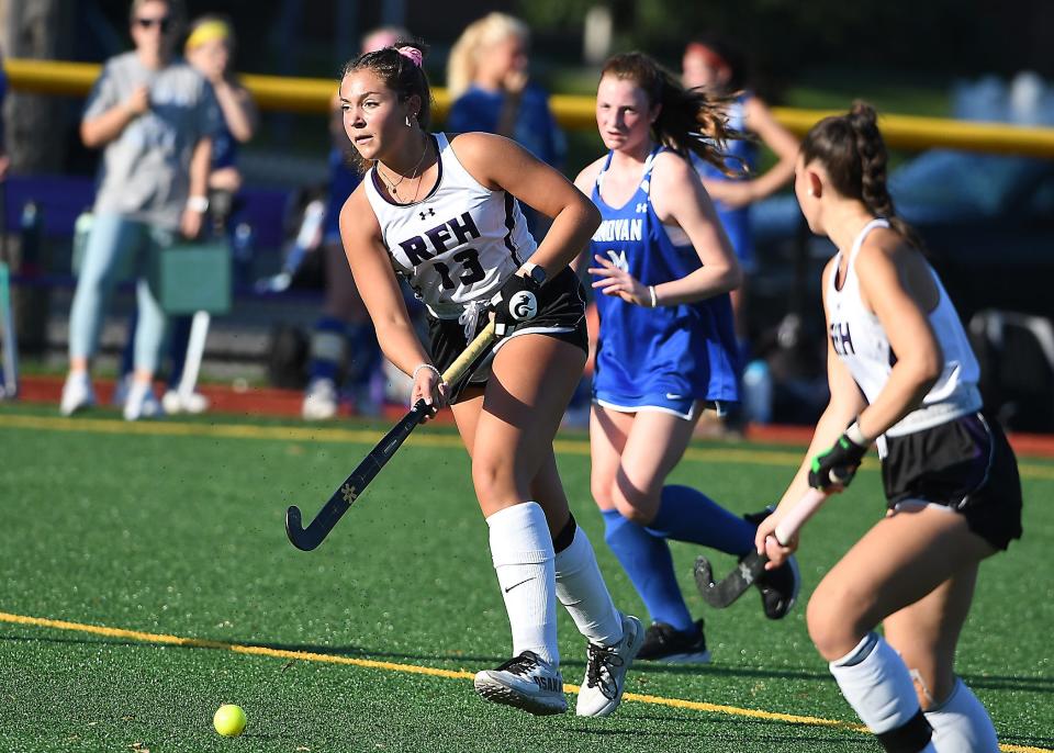 Rumson Fair-Haven's Blake Stoner drives upfield as Rumson Fair-Haven Field Hockey defeats Donovan Catholic 6-0 on 10/12/2023