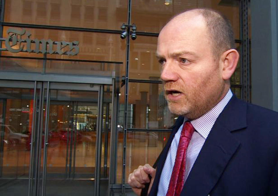 In this image released by the UK Broadcasters Pool, Mark Thompson, newly named CEO of The New York Times Co., arrives at the paper's offices, Monday, Nov. 12, 2012 in New York. Thomson, the former BBC director general was hired in August and hailed as someone who could help the company generate new revenue at a time when print publications are suffering from the loss of readers and advertisers. But in recent months, Thompson has faced questions over a decision by the BBC’s “Newsnight” program to shelve an investigation into child sexual-abuse allegations against renowned British television host Jimmy Savile. (AP Photo/UK Broadcasters Pool)