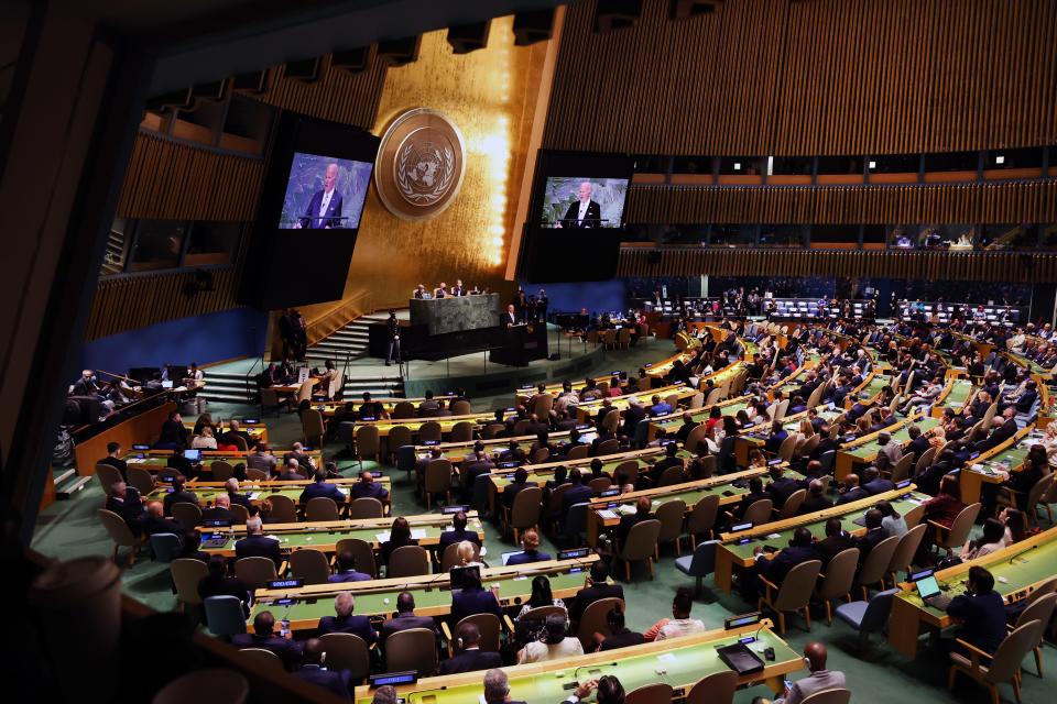 President Joe Biden speaks at the 77th session of the United Nations General Assembly (UNGA) at U.N. headquarters on September 21, 2022 in New York City.