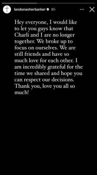 Landon Barker and Charli D'Amelio broke up after more than a year of dating. Photo by landonsherbarker/Instagram Stories