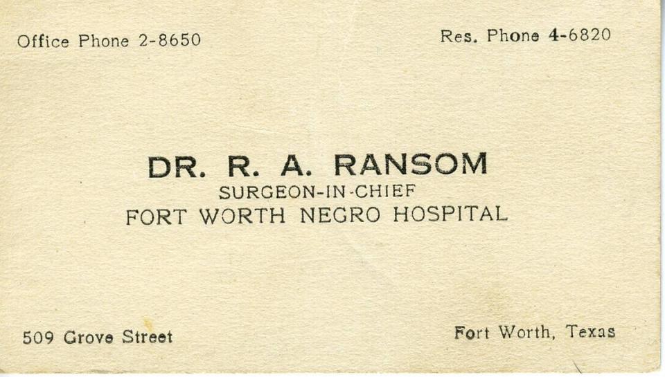 A business card of Dr. Riley Ransom Sr. from about 1927 to 1930, when his hospital was at 509 Grove St., where the Bass Hall parking garage now stands.