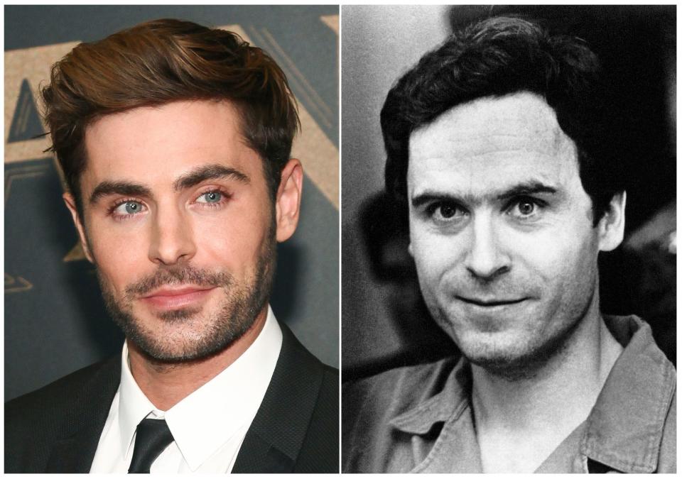 In this combination photo, Zac Efron attends the world premiere of "The Greatest Showman" in New York on Dec. 8, 2017, left, and serial killer Theodore Bundy appears in Tallahassee, Fla., on July 28, 1978 after being indicted on two counts of first degree murder, three counts of attempted murder and two counts of burglary in the Chi Omega slaying. Efron is portraying Bundy in the Joe Berlinger film “Extremely Wicked, Shockingly Evil and Vile,” which will be presented during the Sundance Film Festival running  Jan. 24 through Feb. 3 in Park City, Utah. (AP Photo) ORG XMIT: NYET316