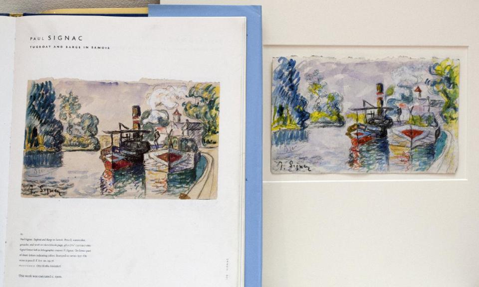 A print in a book shows a work by  French painter Paul Signac, left, and the forged version and painted by art forger Mark A. Landis, of Laurel, Miss., right,  at the University of Cincinnati in Cincinnati, Ohio on Tuesday, March 27, 2012. The work of the convincing art forger who has spent nearly three decades copying artists like Picasso and donating his fake art to unsuspecting museums goes on display April Fool's Day. The University of Cincinnati exhibit will explore the problem of art forgery through a look at the unusual story of Landis. (AP Photo/Dottie Stover-University of Cincinnati)