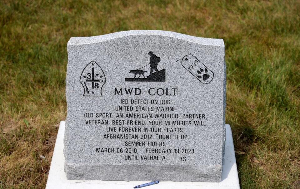 A tombstone for Colt at the Michigan War Dog Memorial in South Lyon on June 17, 2023.