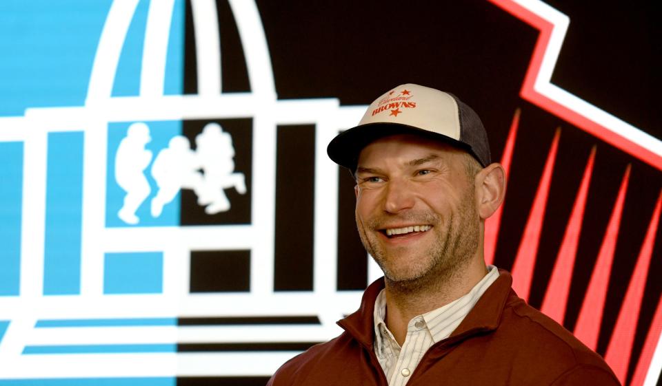 Class of 2023 enshrinee Joe Thomas answers a question at the Pro Football Hall of Fame during a visit to Canton, Monday, March 6, 2023.