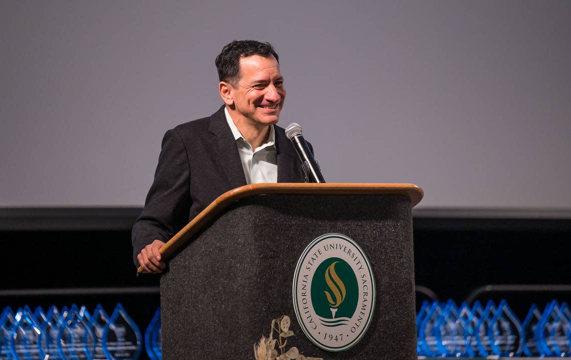 Former State Assembly Speaker Anthony Rendon, D-Lakewood, greets attendees to a March 22, 2023, event at the University Ballroom at Sacramento State.