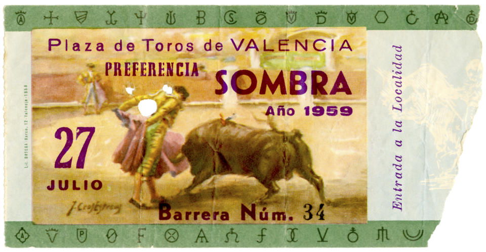 This photo released Tuesday, Feb. 11, 2014 by the John F. Kennedy Presidential Library and Museum in Boston, shows a ticket stub from a bullfighting match attended by Ernest Hemingway, one of many new items from Hemingway's former estate in Cuba being made available at the museum. To date, the Kennedy Library has the world’s largest collection of Hemingway’s life and work, containing most of his manuscript material. (AP Photo/John F. Kennedy Library and Museum) NO SALES.