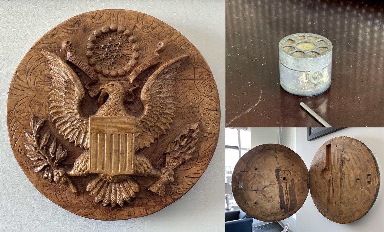  In the early 1950's, U.S. officials discovered a microwave-generated bug concealed inside this Great Seal of the United States given as a gift to the U.S. ambassador in Moscow. 