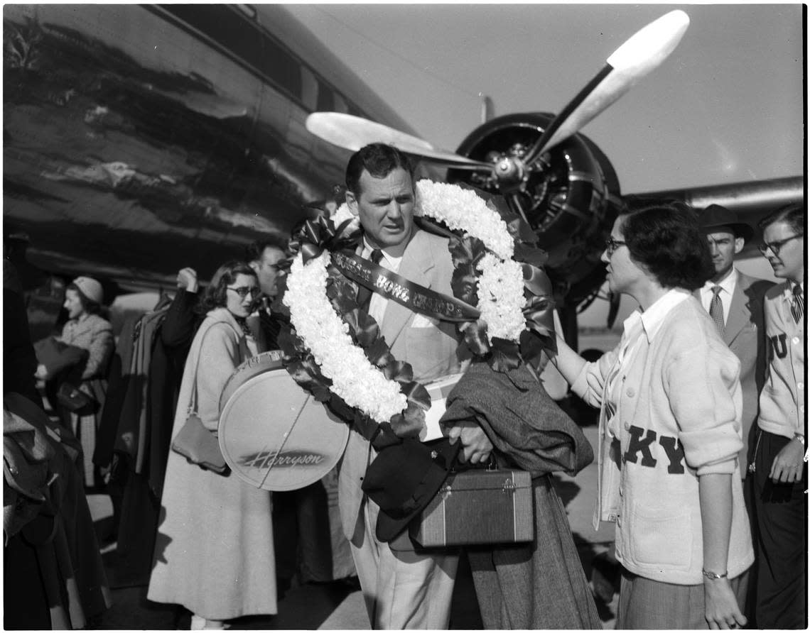 Coach Paul “Bear” Bryant was greeted at Blue Grass Field in Lexington after Kentucky defeated Oklahoma in the Sugar Bowl on Jan. 1, 1951, probably the most famous win in UK football history.