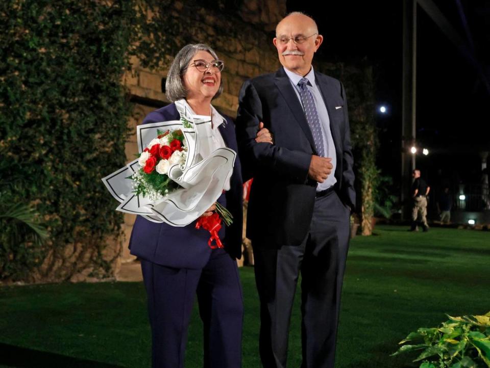 Miami-Dade County Mayor Daniella Levine Cava walks off the stage with her husband, Dr. Robert Cava, after delivering the 2024 State of the County address at Zoo Miami on Wednesday, Jan. 24, 2024.