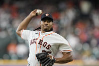 Houston Astros starting pitcher Luis Garcia throws against the New York Yankees during the first inning of a baseball game Thursday, June 30, 2022, in Houston. (AP Photo/David J. Phillip)