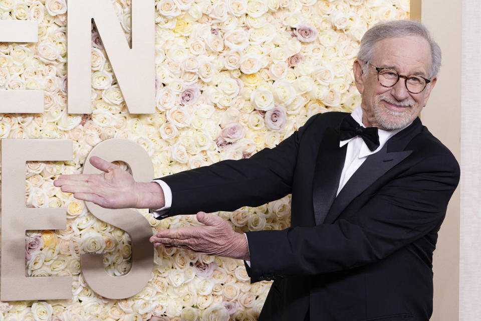 Steven Spielberg arrives at the 81st Golden Globe Awards on Sunday, Jan. 7, 2024, at the Beverly Hilton in Beverly Hills, Calif. (Photo by Jordan Strauss/Invision/AP)