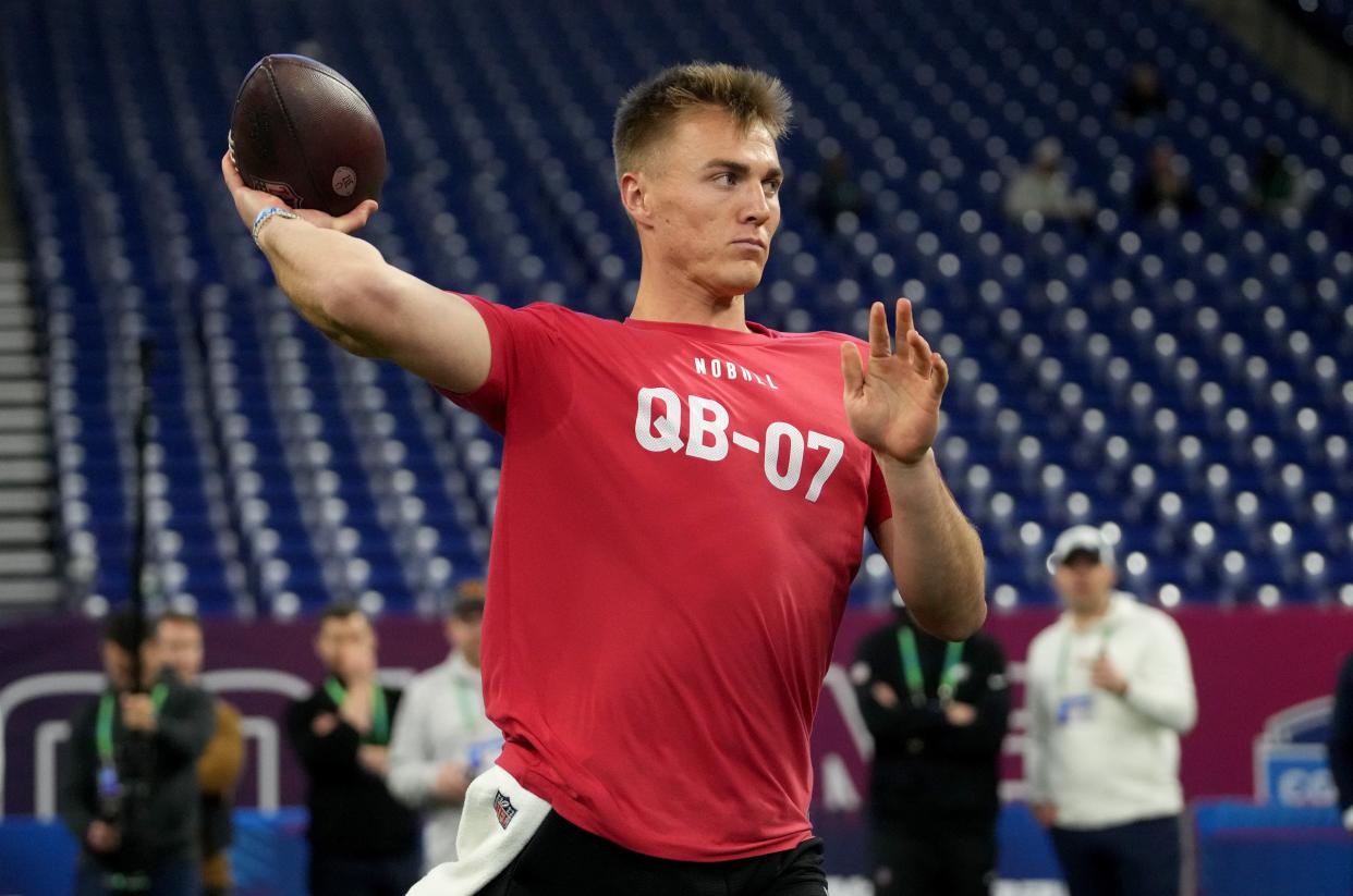 Oregon quarterback Bo Nix during the 2024 NFL Combine at Lucas Oil Stadium March 2, 2024, in Indianapolis.