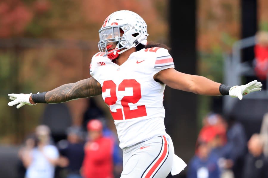 WEST LAFAYETTE, INDIANA – OCTOBER 14: Steele Chambers #22 of the Ohio State Buckeyes reacts in the game against the Purdue Boilermakers at Ross-Ade Stadium on October 14, 2023 in West Lafayette, Indiana. (Photo by Justin Casterline/Getty Images)