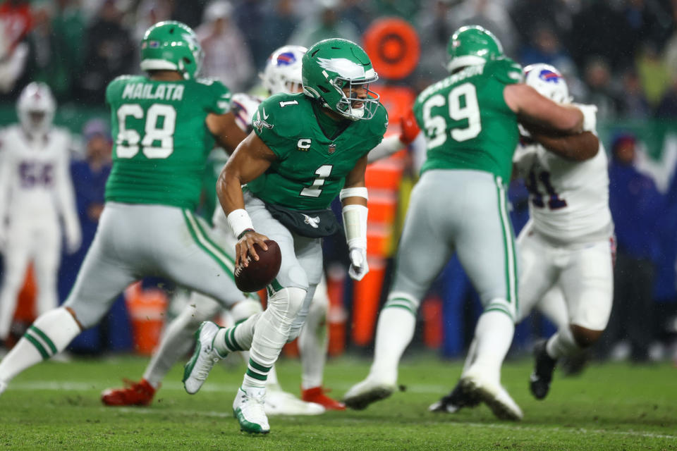 PHILADELPHIA, PENNSYLVANIA – NOVEMBER 26: Jalen Hurts #1 of the Philadelphia Eagles runs the ball during the first quarter against the Buffalo Bills at Lincoln Financial Field on November 26, 2023 in Philadelphia, Pennsylvania. (Photo by Tim Nwachukwu/Getty Images)