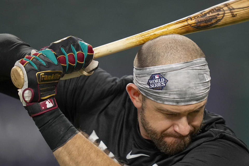 Arizona Diamondbacks third baseman Evan Longoria warms up during a World Series baseball media day Thursday, Oct. 26, 2023, in Arlington, Texas. The Diamondbacks will play the Texas Rangers in Game 1 of the World Series on Friday (AP Photo/Brynn Anderson)