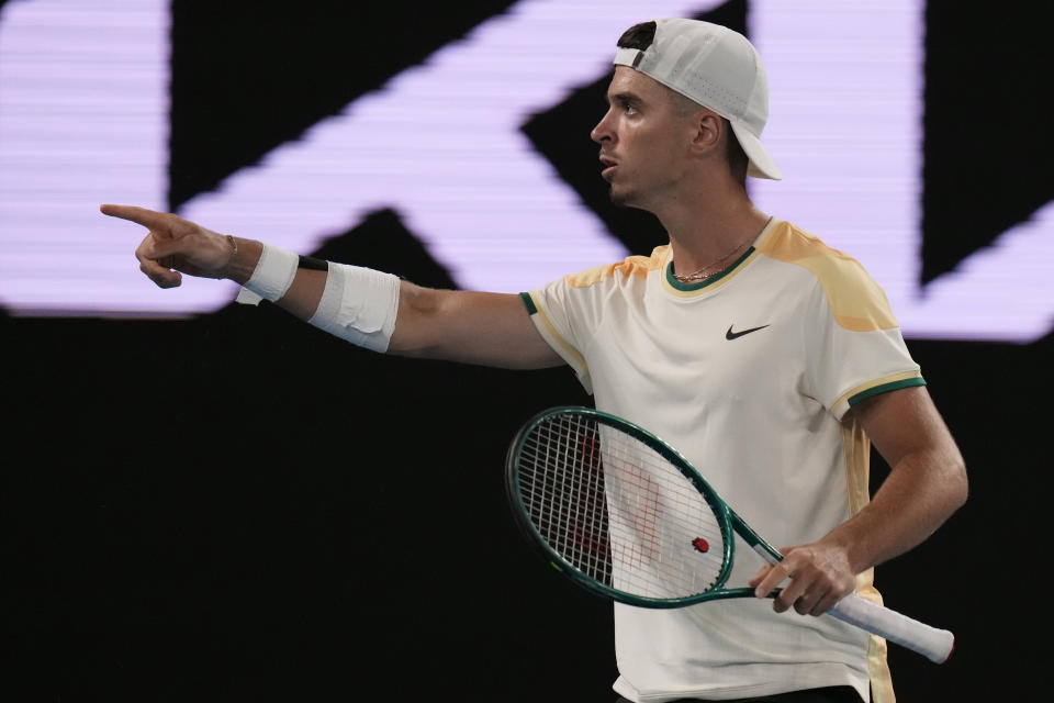 Croatia's Dino Prizmic reacts after winning the second set against Serbia's Novak Djokovic during their first round match at the Australian Open tennis championships at Melbourne Park, Melbourne, Australia, Sunday, Jan. 14, 2024. (AP Photo/Andy Wong)