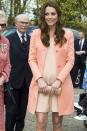 On her second wedding anniversary Kate chose a peach $620 Tara Jarmon coat over a dress made by her own dress maker.