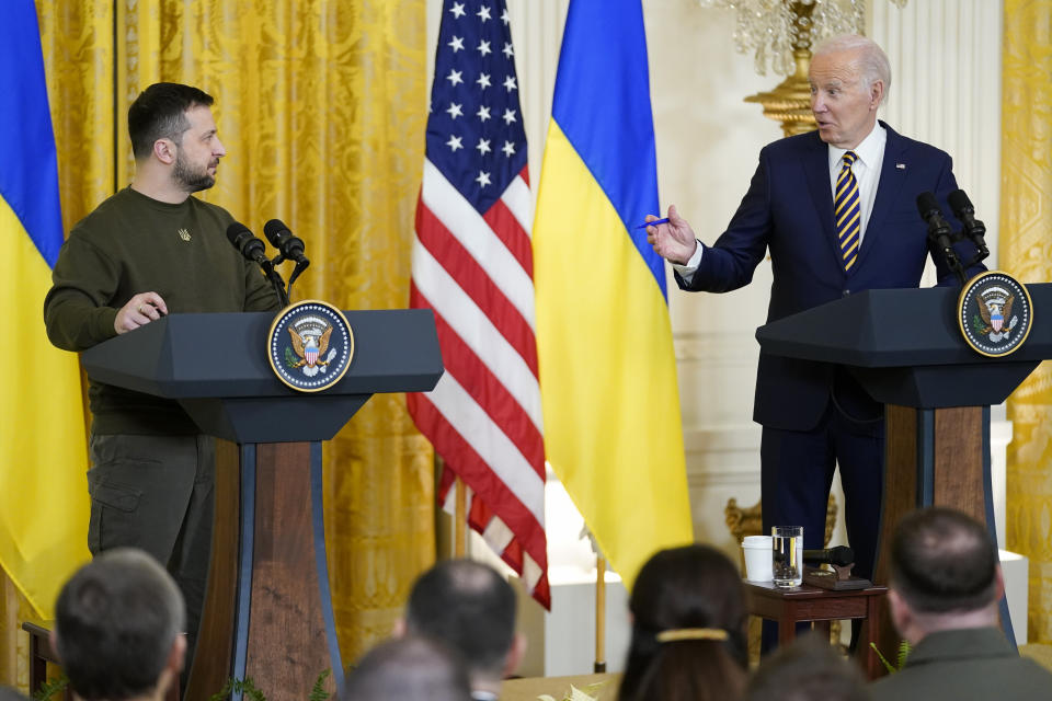 FILE - President Joe Biden speaks during a news conference with Ukrainian President Volodymyr Zelenskyy in the East Room of the White House in Washington, Dec. 21, 2022. The amount of U.S. security assistance committed to Ukraine since the Russian invasion nearly 11 months ago is $24.2 billion. (AP Photo/Andrew Harnik, File)