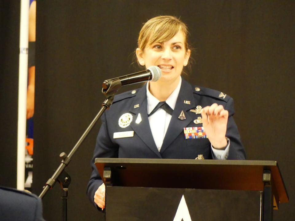 Air Force Col. Heather Bogstie from Space Force’s Space and Missile Systems Center addresses the audience Tuesday during a ceremony where the Academy for Academic Excellence welcomed the Space Force Junior ROTC Program.