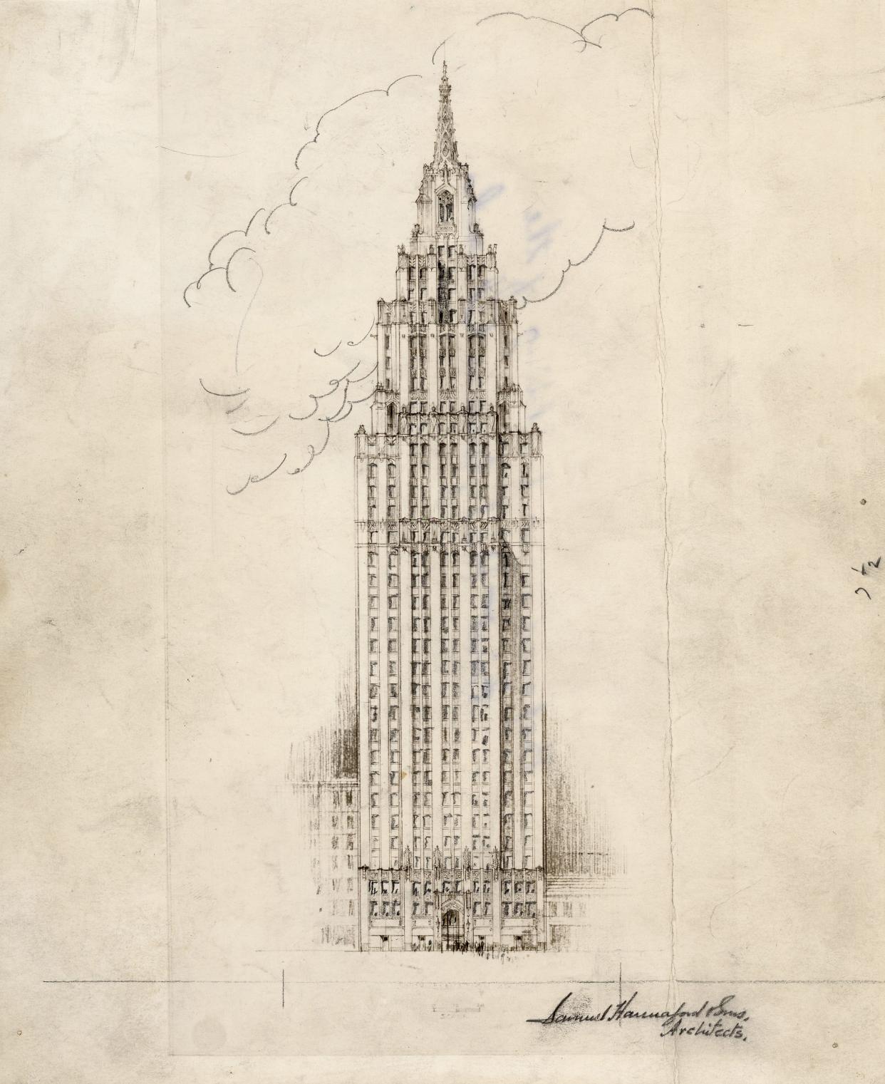 Samuel Hannaford & Sons made a sketch of Temple Tower, a proposed skyscraper that would have replaced the First Presbyterian Church on Fourth Street.