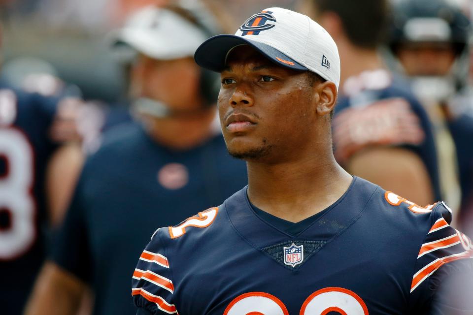 Chicago Bears running back David Montgomery (32) looks on from the sideline during the second half against the Buffalo Bills at Soldier Field on Aug. 21, 2021.