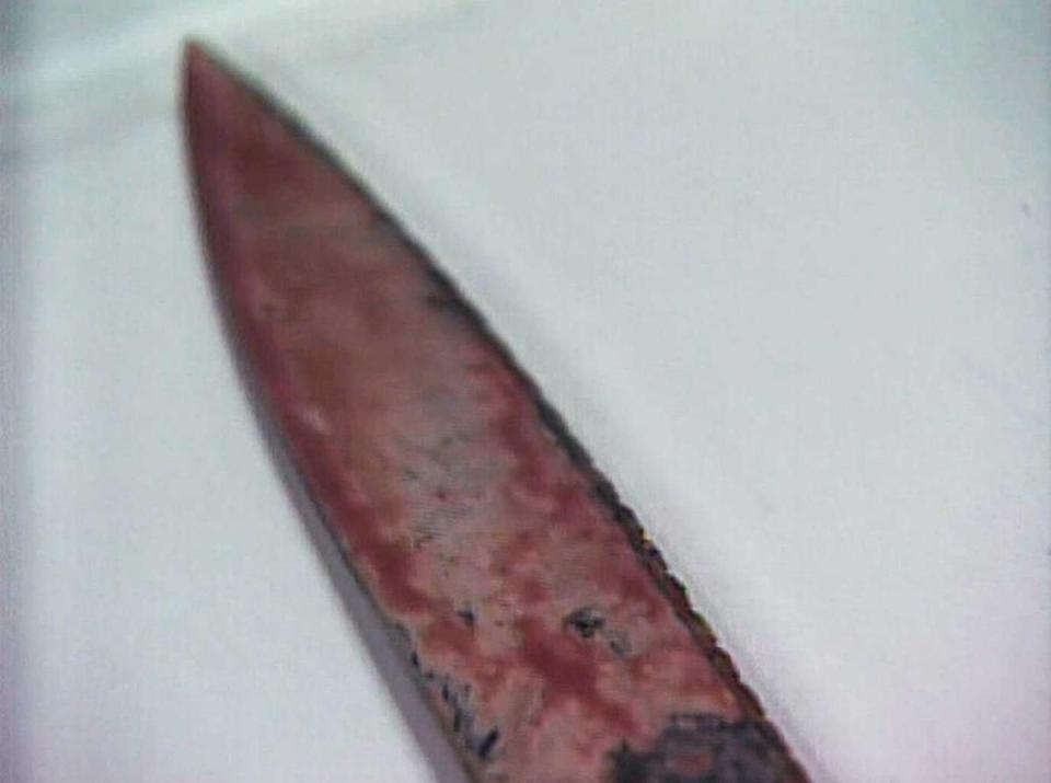汪萬寶刺殺吳姓合夥人一家的生魚片刀（圖）染滿血跡，被警方查扣。（東森新聞提供）
