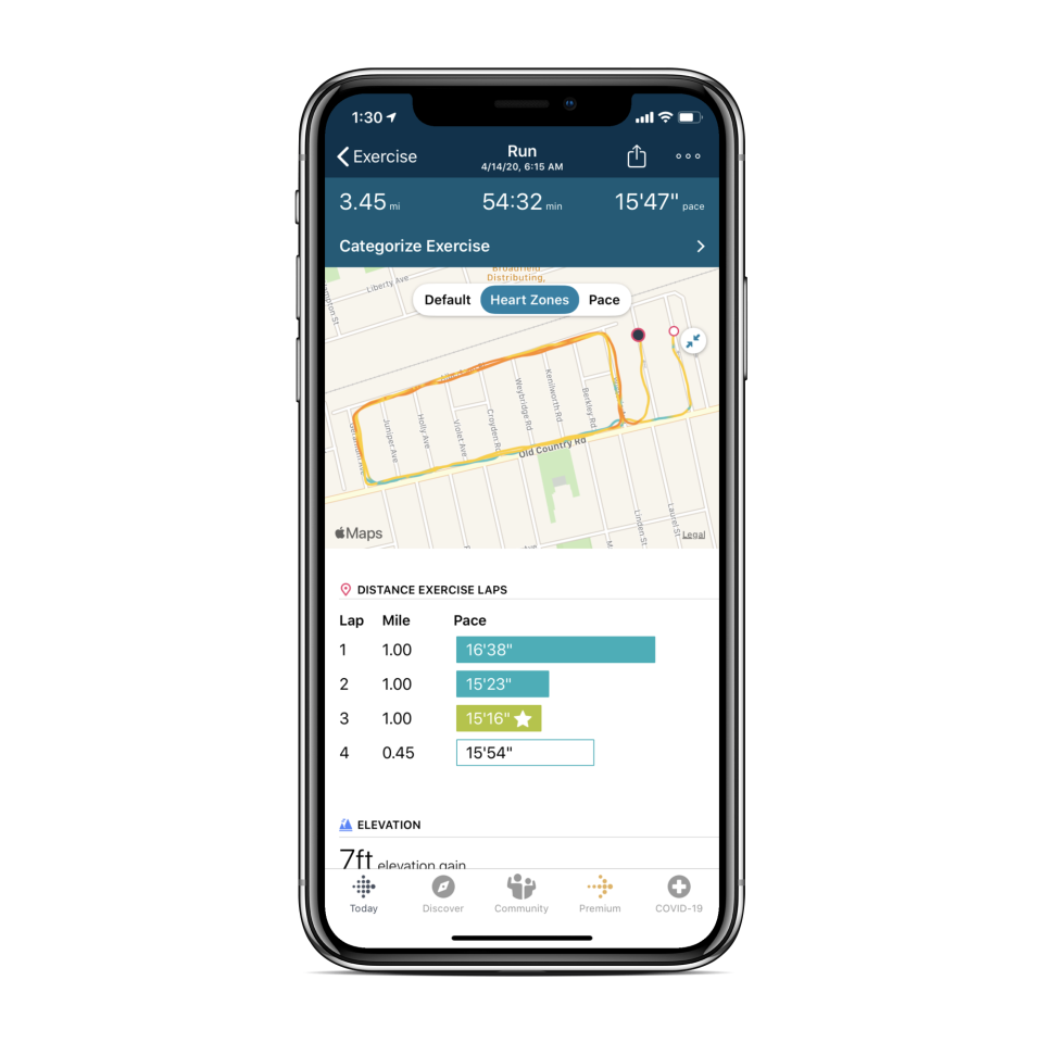 Fitbit iOS app showing a heat map of heart rate during an outdoor run.