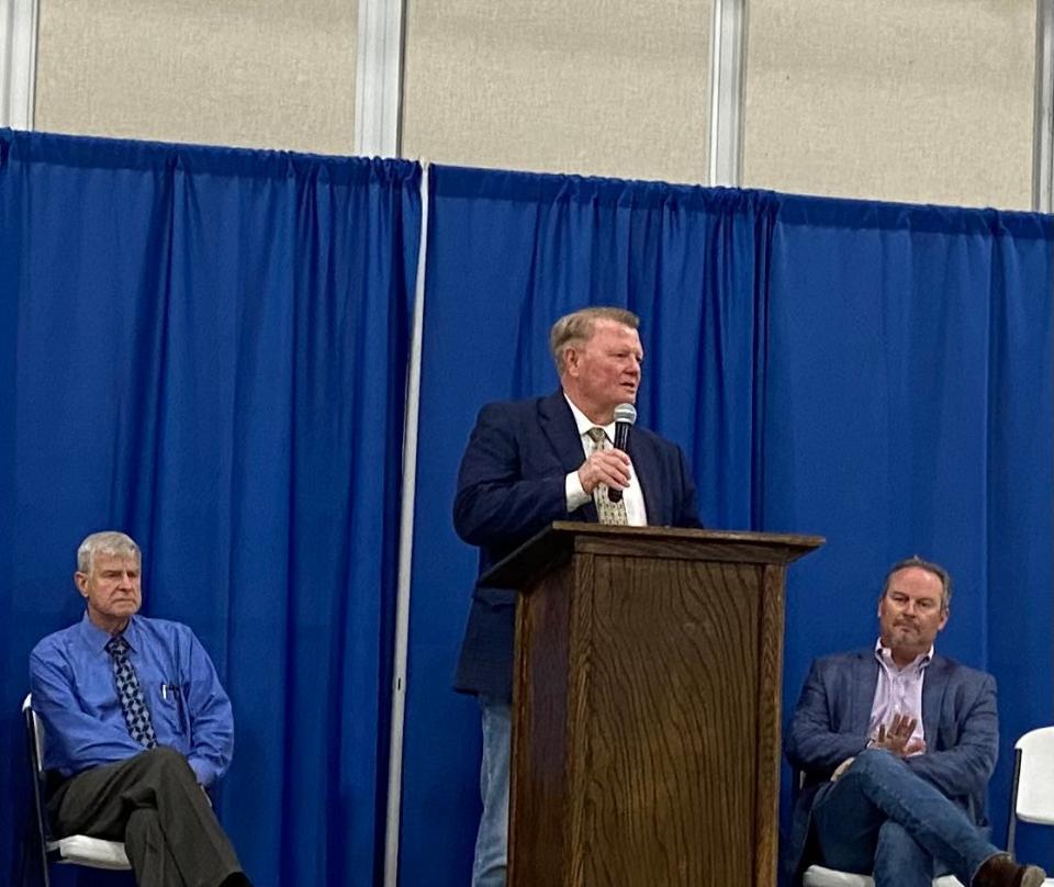 Fannin County Judge Randy Moore addresses the crowd at meeting about the future of the VA in Fannin County Tuesday evening.