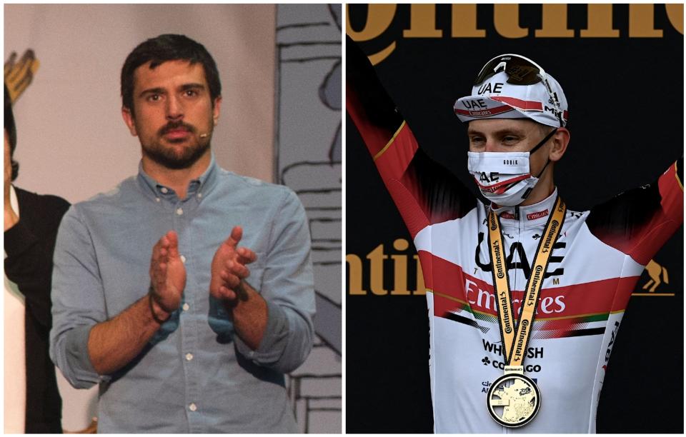 El político Ramón Espinar y el ciclista Tadej Pogacar celebrando su victoria en la primera contrarreloj del Tour 2021. (Foto: Curto de la Torre / AFP / Getty Images / Philippe Lopez / AFP / Getty Images).