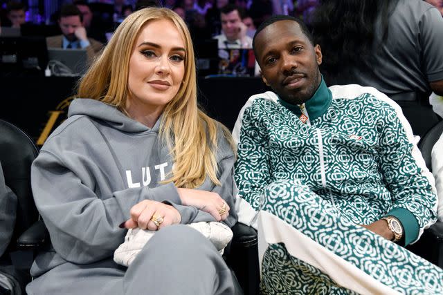 Kevork Djansezian/Getty Adele and Rich Paul attend a basketball game in Los Angeles in April 2023.