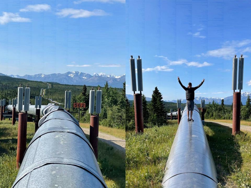 trans alaska pipeline closeup on the left, katie bausler husband standing on pipe on right